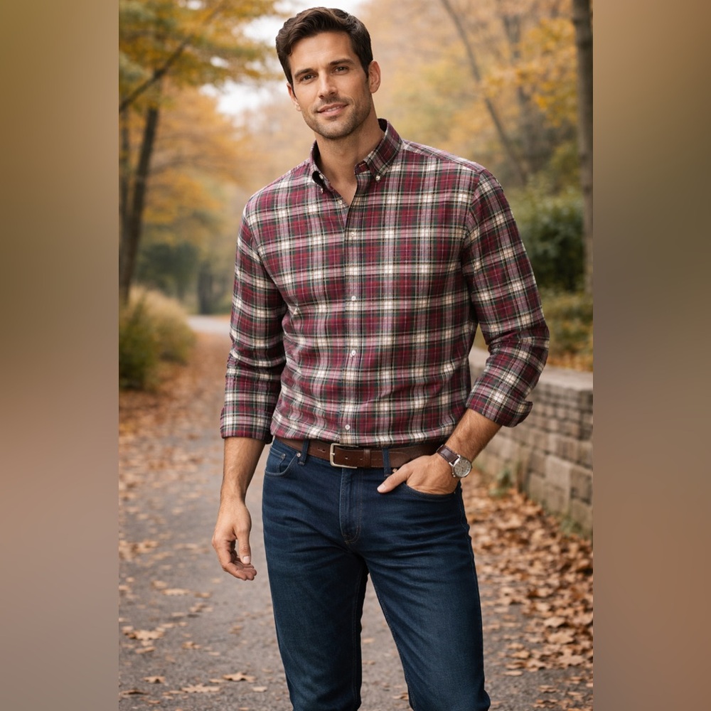 L.L. Bean Men's Casual Plaid Shirt - Burgundy and White